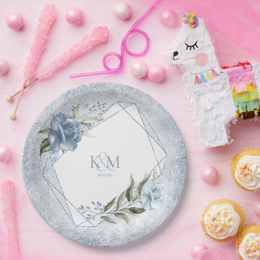 Floral Sparkles Wedding Initialen Blue ID889 Papieren Bordje (Feest)