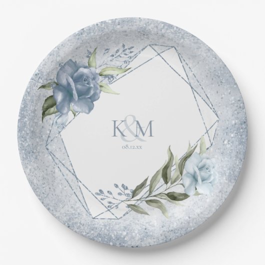Floral Sparkles Wedding Initialen Blue ID889 Papieren Bordje (Voorkant)