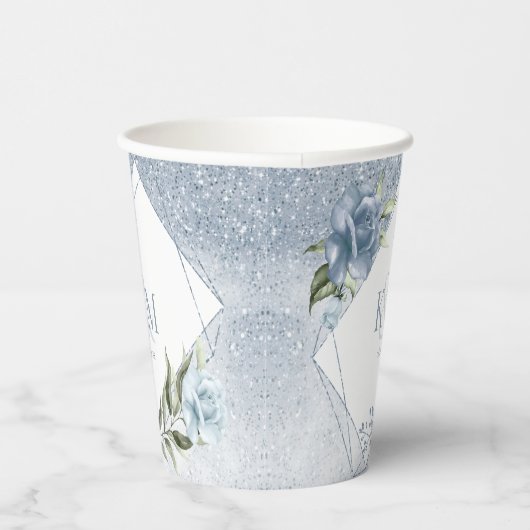 Floral Sparkles Wedding Initialen Dusty Blue ID889 Papieren Bekers (Rechts)