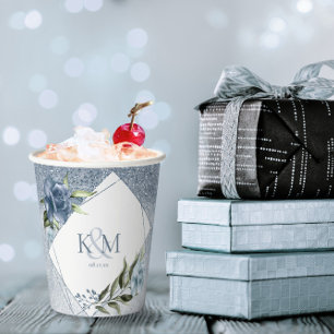 Floral Sparkles Wedding Initialen Dusty Blue ID889 Papieren Bekers