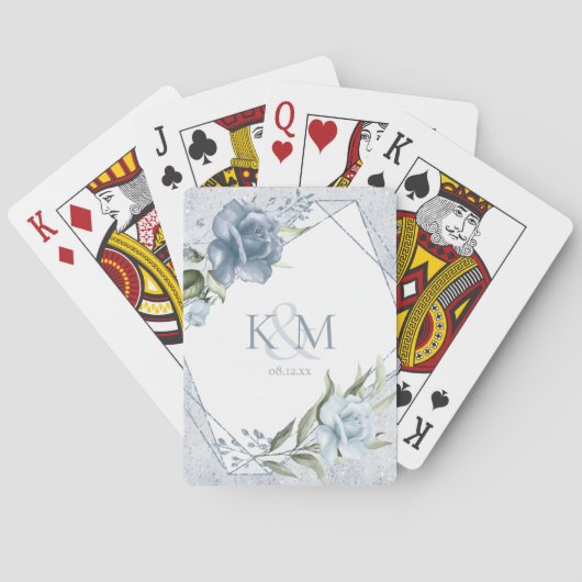 Floral Sparkles Wedding Initialen Dusty Blue ID889 Pokerkaarten (Achterkant)