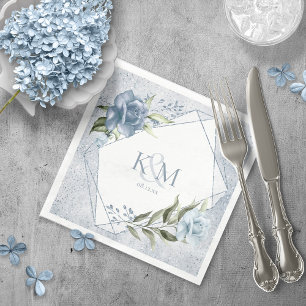 Floral Sparkles Wedding Initialen Dusty Blue ID889 Servet