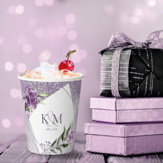 Floral Sparkles Wedding Initialen Mauve ID889 Papieren Bekers