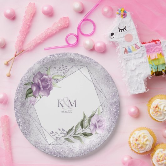 Floral Sparkles Wedding Initialen Mauve ID889 Papieren Bordje (Feest)
