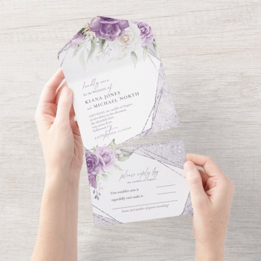 Floral Sparkles Wedding Mauve ID889 All In One Uitnodiging (Afscheurbaar)