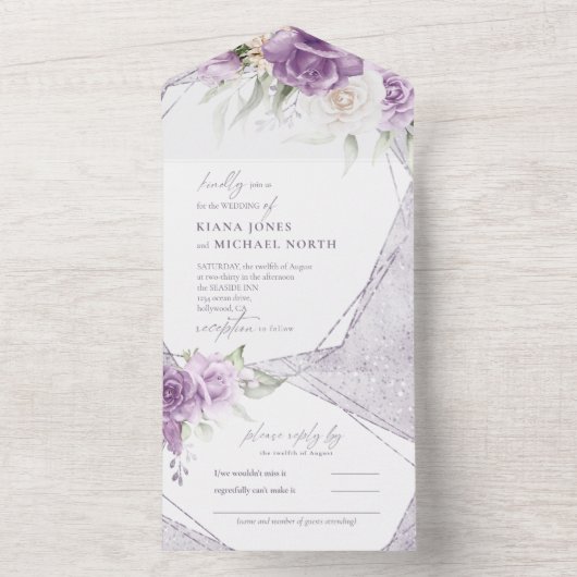 Floral Sparkles Wedding Mauve ID889 All In One Uitnodiging (Binnen)