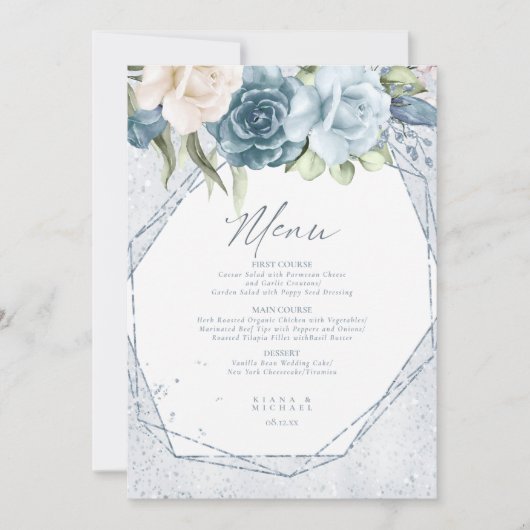 Floral Sparkles Wedding Menu3 Blue ID889 (Voorkant)
