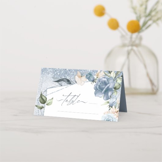 Floral Sparkles Wedding Table Dusty Blue ID889 Plaatskaartje (Voorkant)