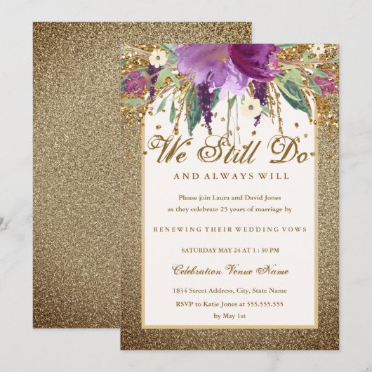 Floral Sparkling Amethyst Gelofte Vernieuwing Jubi Kaart (Voorkant / Achterkant)