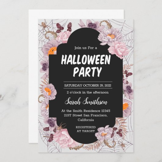Floral Spiderweb Halloween Party Invitation Kaart (Voorkant / Achterkant)