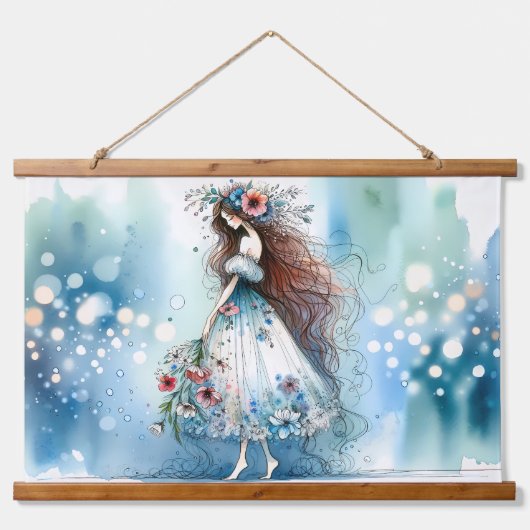 Floral Spirit in vloeiende blauwe elegantie Hangend Wandkleed (Voorkant 2)