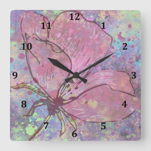 Floral Splatter Wall Clock Vierkante Klok (Voorkant)