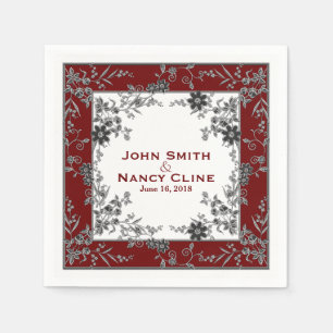 Floral Spray-Drk Red-Silver-Elegant Framed Napkins Servetten