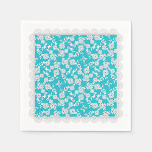Floral Spray, Lace-White-Aqua-PAPER PARTY NAPKINS Servet