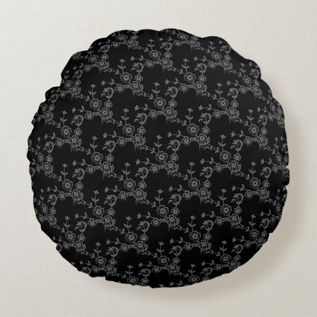 Floral Spray-S1-Black-Silver-16 in ROND PILLOW Kussen (Voorkant)