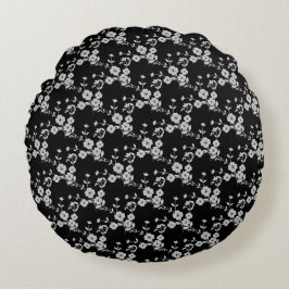 Floral Spray-S1-Black-White-16 in ROND PILLOW Rond Kussen