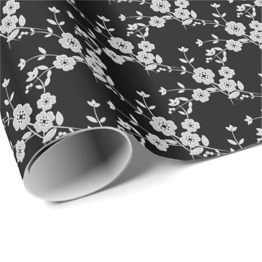 Floral Spray, Style 1-BLACK-WHITE-GIFT WRAP PAPIER (Rol Hoek)