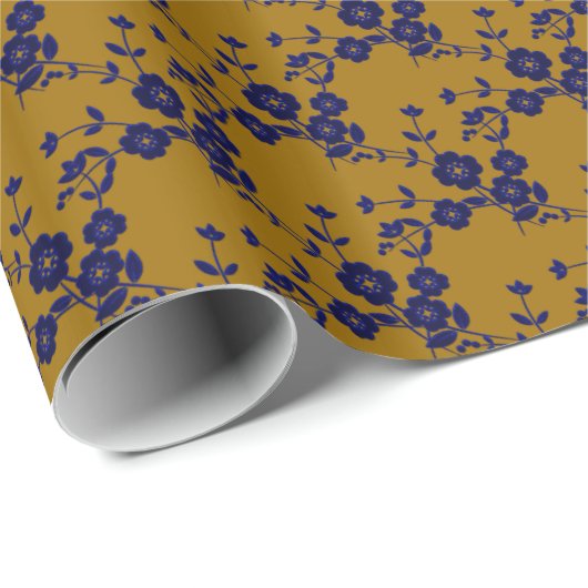 Floral Spray, Style 1-BLUE-GOLD-1-GIFT WRAP PAPIER (Rol Hoek)
