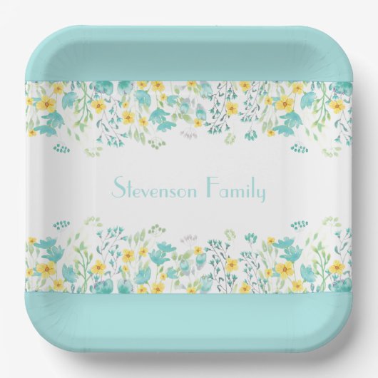 Floral Spring Blauw Geel Wildbloemen Familienaam Papieren Bordje (Voorkant)