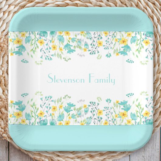Floral Spring Blauw Geel Wildbloemen Familienaam Papieren Bordje