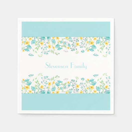 Floral Spring Blauw Geel Wildbloemen Familienaam Servet (Voorkant)