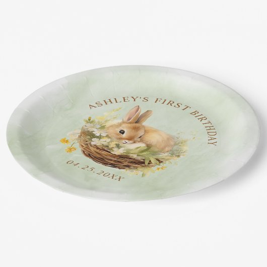 Floral Spring Bunny 1st Birthday Papieren Bordje (Gekanteld)