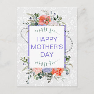 Floral Spring Coral & Purple Flowers Moederdag Briefkaart