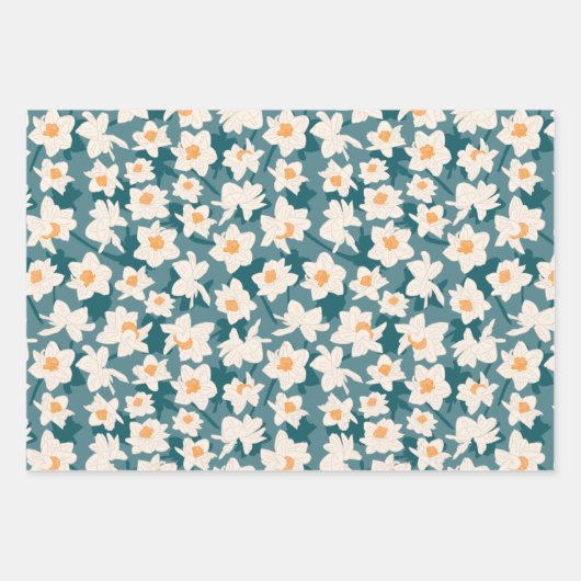 Floral Spring Daffodil | Blauwgroen en geel Inpakpapier Vel (Voorkant)