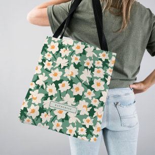 Floral Spring Daffodil Blooms   Groene Monogrammen Tote Bag