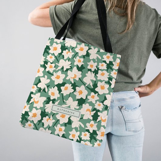 Floral Spring Daffodil Blooms | Groene Monogrammen Tote Bag