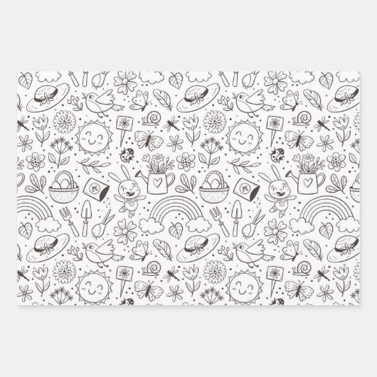 Floral Spring Leuke Doodle Kleurrijk Zwart en Wit Inpakpapier Vel (Voorkant 2)