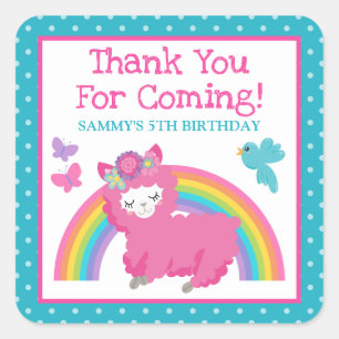 Floral Spring Pink Llama & Rainbow Birthday Vierkante Sticker