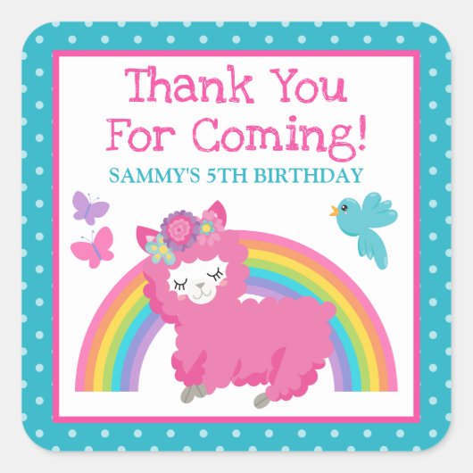 Floral Spring Pink Llama & Rainbow Birthday Vierkante Sticker (Voorkant)