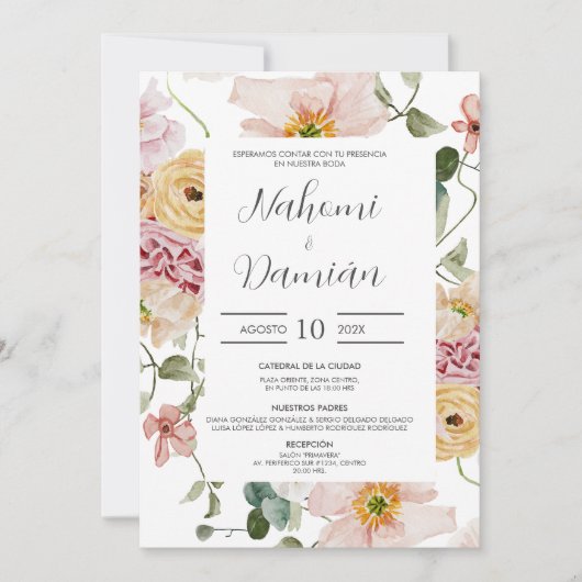 Floral Spring Spanish Wedding Invitation Kaart (Voorkant)