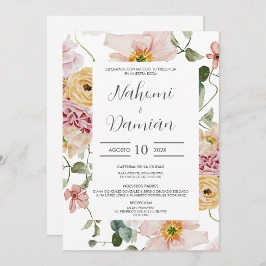 Floral Spring Spanish Wedding Invitation Kaart (Voorkant / Achterkant)