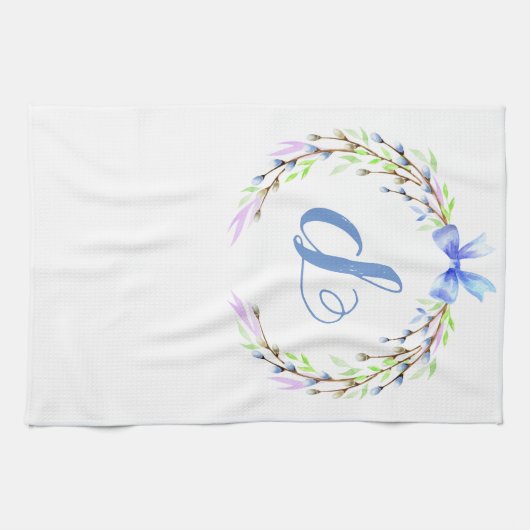 Floral Spring WreatCustom Monogram Easter Gift Theedoek (Horizontaal)