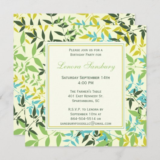 Floral Square Birthday Party Invitation Kaart (Voorkant / Achterkant)
