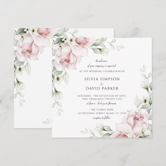 Floral Square | Waterverf Roze rozen Kaart (Voorkant / Achterkant)