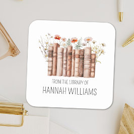 Floral Stack Boek uit de Bibliotheek van Bookplate Vierkante Sticker