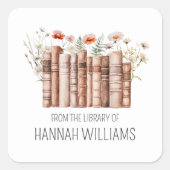 Floral Stack Boek uit de Bibliotheek van Bookplate Vierkante Sticker (Voorkant)