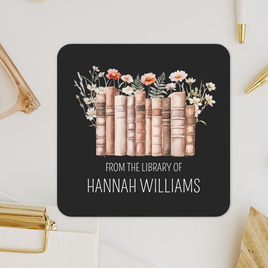 Floral Stack Book From the Library of Bookplate Vierkante Sticker