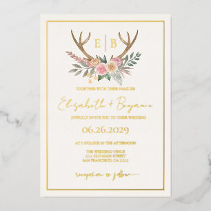 Floral Stag Pink Flowers Weddenschap Real Gold Folie Uitnodiging