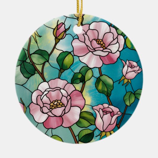 Floral Stained Glass Effect Pink Flowers Botanical Keramisch Ornament (Voorkant)