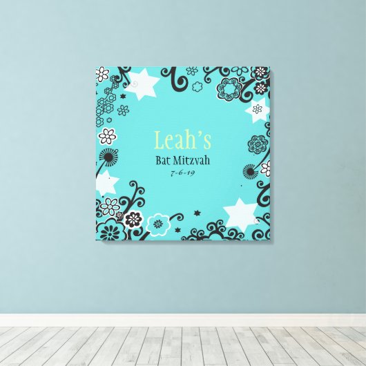 Floral Star Aqua Bat Mitzvah Inlogbord Canvas Afdruk (Insitu (Houten vloer))