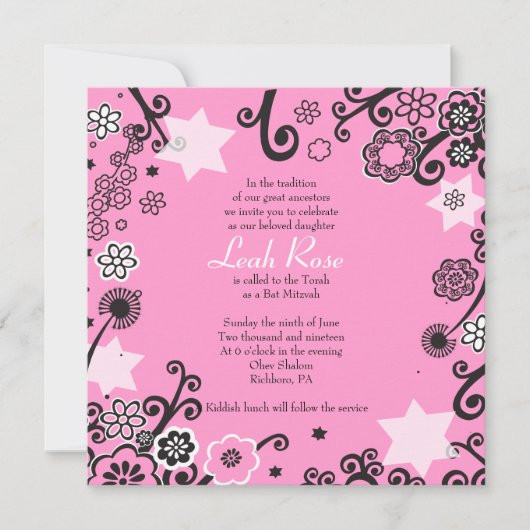 Floral Star Bat Mitzvah Invitation Roze Kaart (Voorkant)