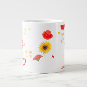 Floral Star & Heart Mug – Bright Sunflower & Red Grote Koffiekop