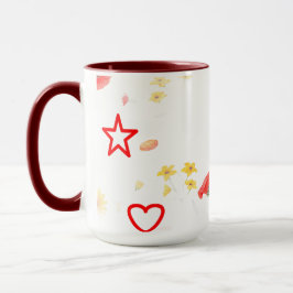 Floral Star & Heart Mug – Bright Sunflower & Red Mok