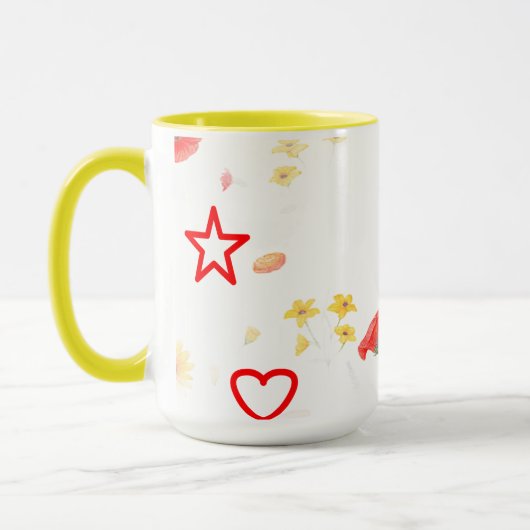 Floral Star & Heart Mug – Bright Sunflower & Red Mok (Links)