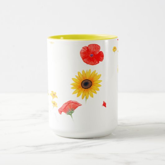 Floral Star & Heart Mug – Bright Sunflower & Red Mok (Midden)