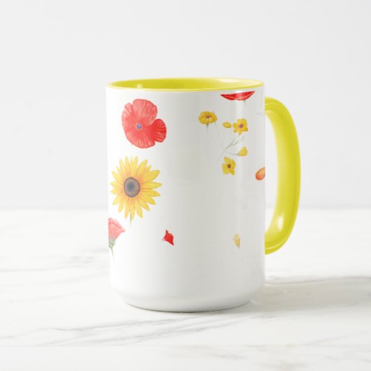 Floral Star & Heart Mug – Bright Sunflower & Red Mok (Voorkant rechts)